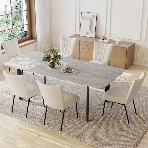 7-Piece Set Beige Chairs and Gray Rectangular Dining Table, Dining Table Set, Dining Room Set with 6 Chairs