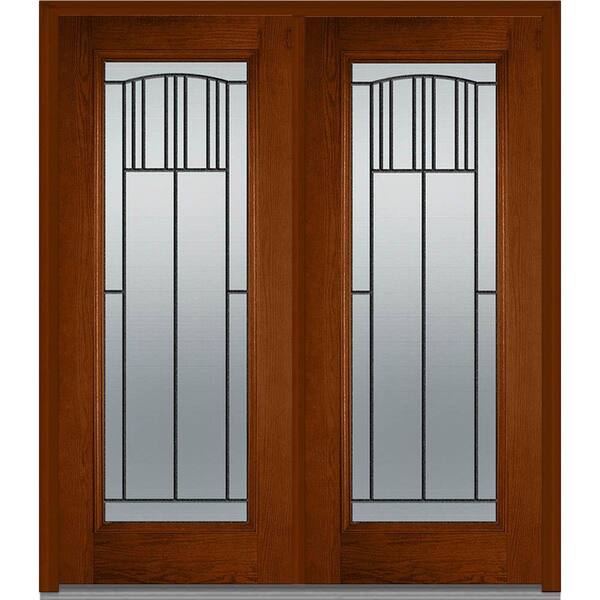 MMI Door 72 in. x 80 in. Madison Left-Hand Inswing Full Lite Decorative Glass Stained Fiberglass Oak Prehung Front Door