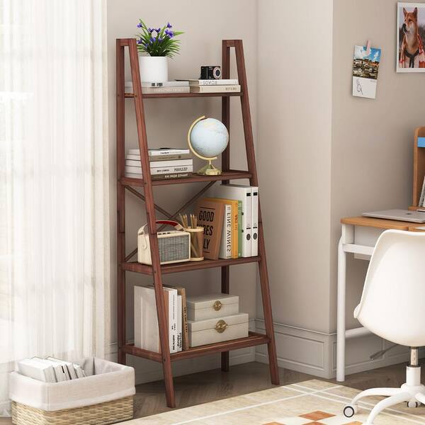 HITNET 4-Tier Leaning Bookshelf - Bamboo Ladder Shelf For Home Office Display