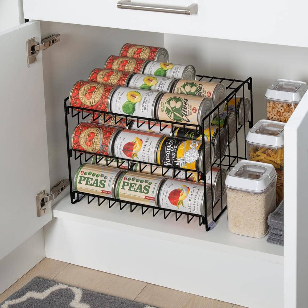 Black Steel 3-Tier Can Storage Organizer Rack