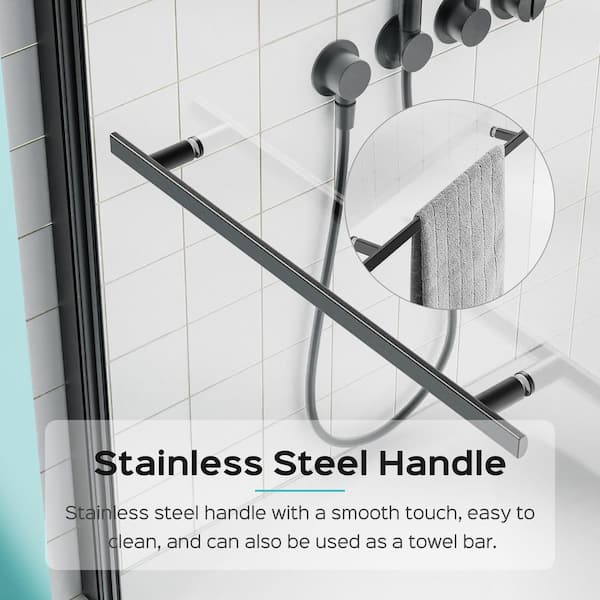 Reversible 31.75 in. W x 55 in. H Pivot Frameless Tub Door in Matte Black with 1/4 in. Tempered Clear Glass