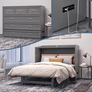 Northfield Grey Solid Wood Frame Full Murphy Bed with Mattress and Built In Charging Station