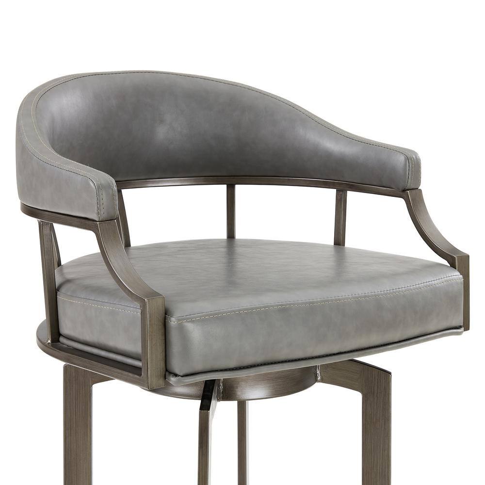 Transitional Gray Leather & Metal Swivel Saddle Stool, 24"W