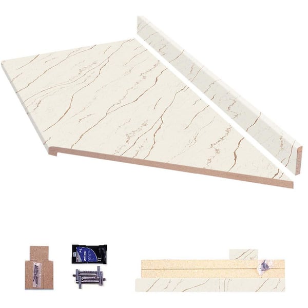 Hampton Bay 8 ft. Right Miter Laminate Countertop All-Inclusive Kit in Textured Oro Quartz with Eased Edge and Loose Backsplash