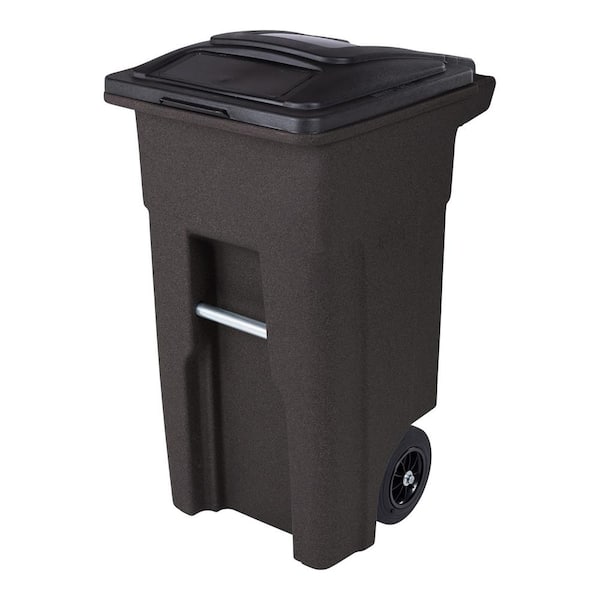 Toter 32 Gal. Brownstone Trash Can with Quiet Wheels and Attached Lid