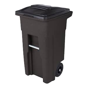 32 Gal. Brownstone Trash Can with Quiet Wheels and Attached Lid