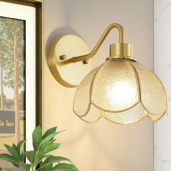 Vintage 7.82 in. 1-Light Gold Modern Industrial Wall Sconce with Glass Shade for Bedside Bedroom Doorway