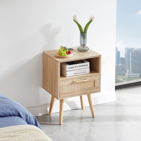 Unbranded Modern Natural 1-Drawer Wood Nightstands with Power Outlet and USB Ports (15.75 in. D x 11.81 in. W x 22.05 in. H)