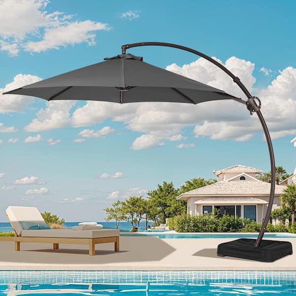 JEAREY 11 ft. L Outdoor Aluminum Curvy Cantilever Offset Hanging Patio Umbrella with Sandbag Base and Cover in Gray