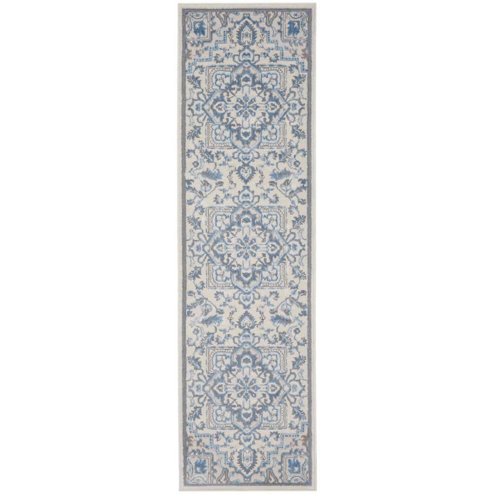 Ivory Blue Floral Medallion Handmade Area Rug 27"x4.7"