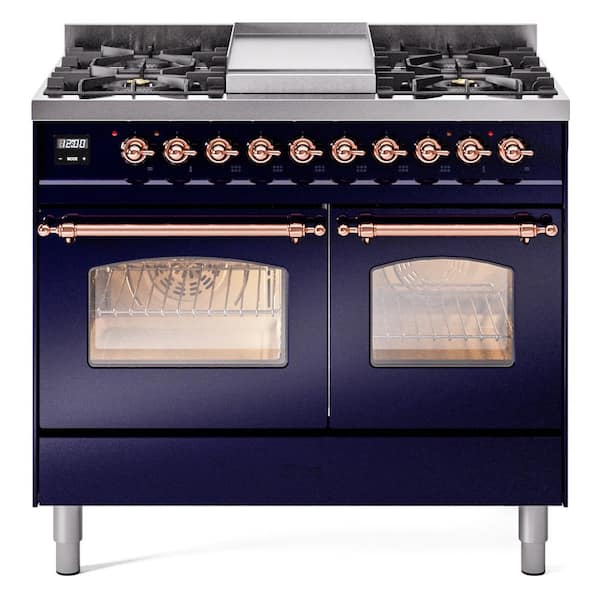 ILVE Nostalgie II 40 in. 6 Burner Freestanding Double Oven Dual Fuel Range in Midnight Blue with Brass
