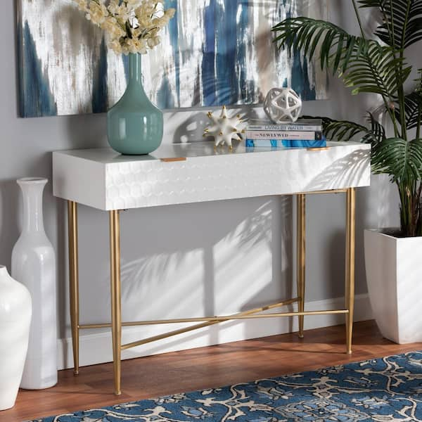 Baxton Studio Galia 41.7 in. White and Gold Rectangle Wood Top