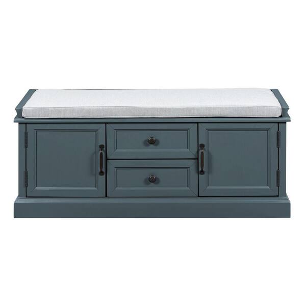 Huluwat Dark Blue Wood Shoe Storage Bench with 2-Drawers and 2-Cabinets and Removable Cushion