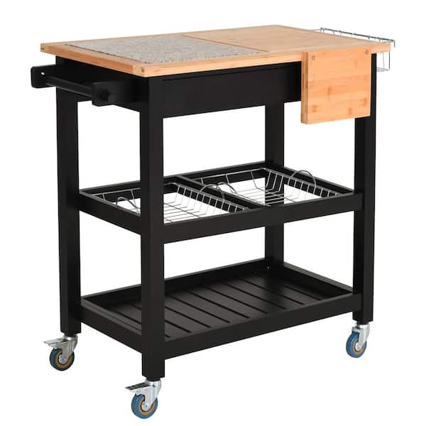 HOMCOM Black Pine/Bamboo Wood Kitchen Island Cart with Knife and Spice Rack