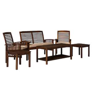 Dark Brown 6-Piece Wood Outdoor Chat Set with Off-White Cushion and 1 Love Seat, 2 Chairs, 1 Coffee Table, 2 Side Tables