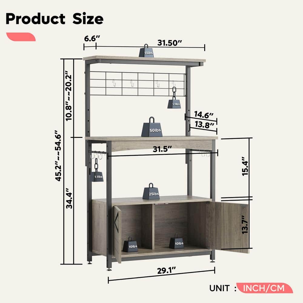 Grey Wash 3-Tier Baker's Rack with Storage Cabinet and Hooks