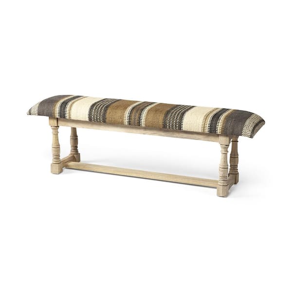 HomeRoots Mariana Olive and Brown Rectangular Mango Wood Upholstered Accent Bench 19 in. x 14.25 in. x 59 in.