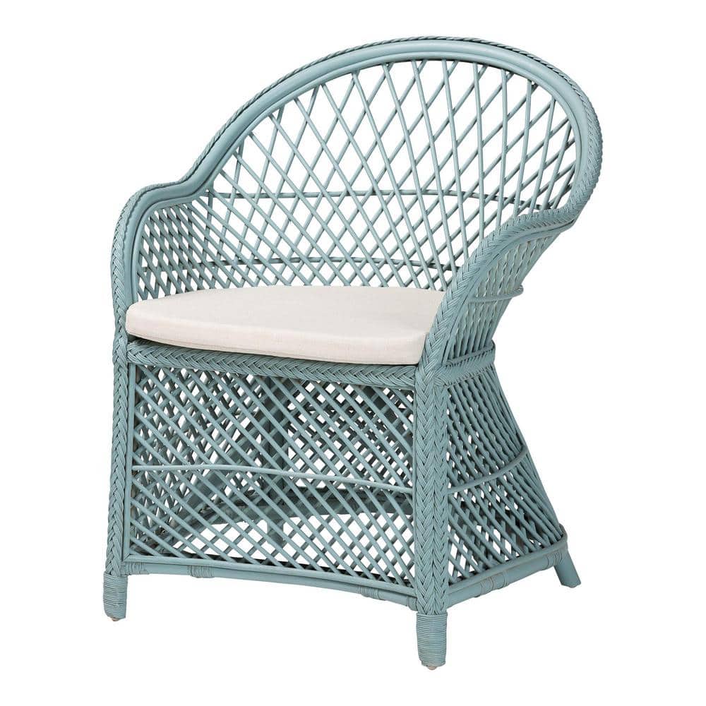 Handcrafted Light Blue Rattan Accent Chair with Cushion