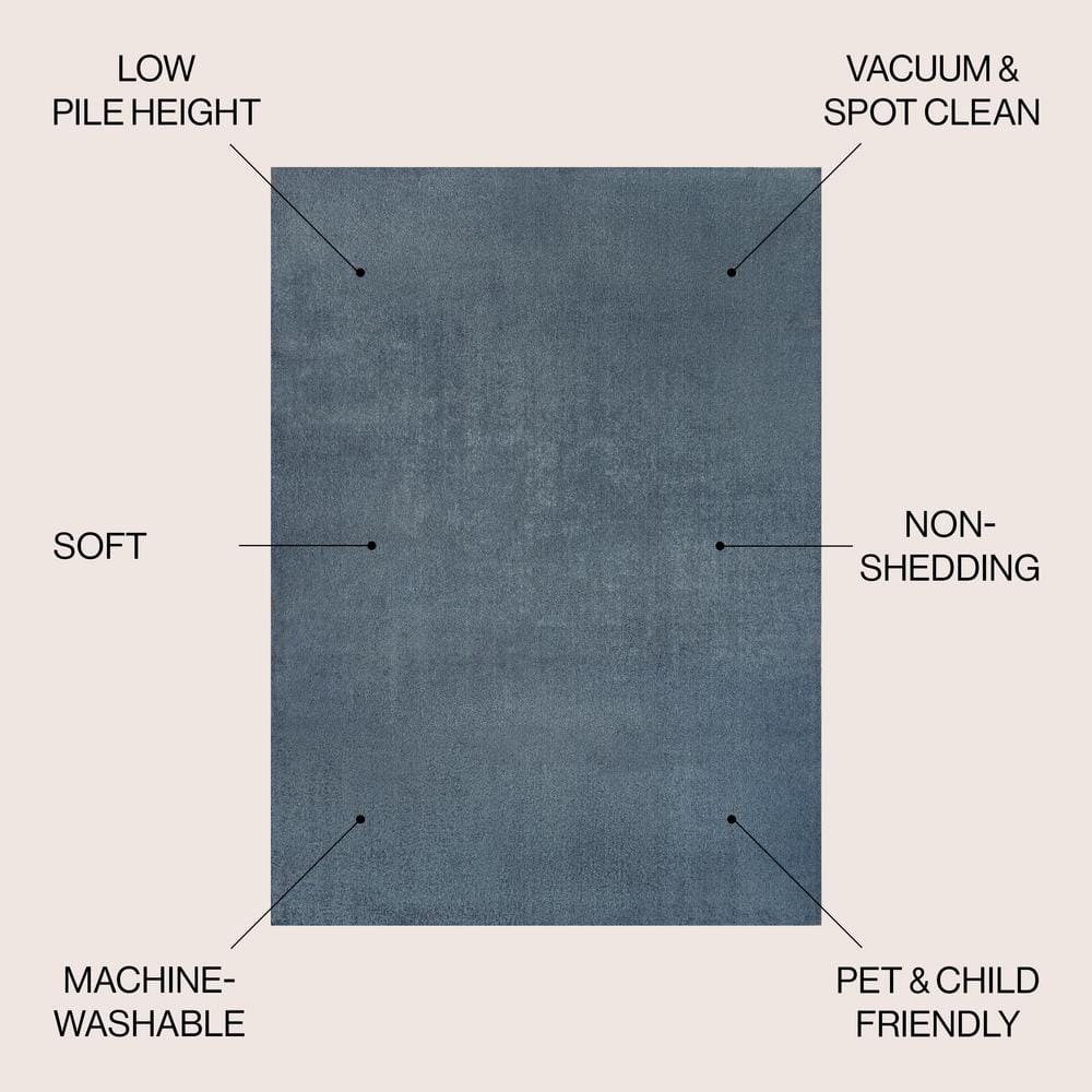 Blue Solid Synthetic 4' x 6' Washable Area Rug