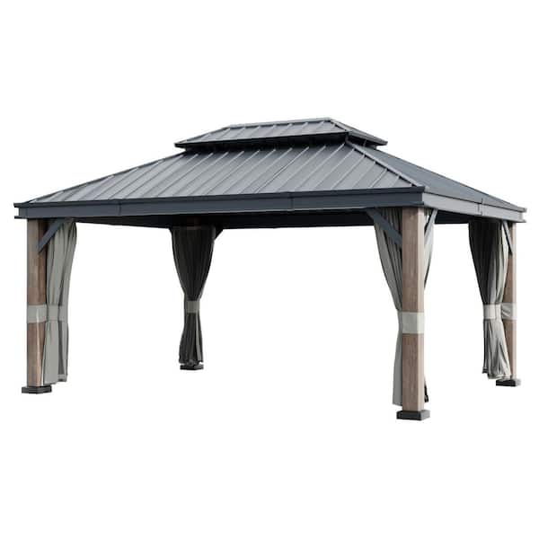 16 ft. x 12 ft. Wood Grain Hardtop Gazebo with Double Galvanized Steel Roof and Mosquito Net