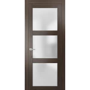 2552 18 in. x 80 in. Universal Hanling 3-Lite Frosted Glass Solid Brown Finished Pine Wood Single Prehung French Door