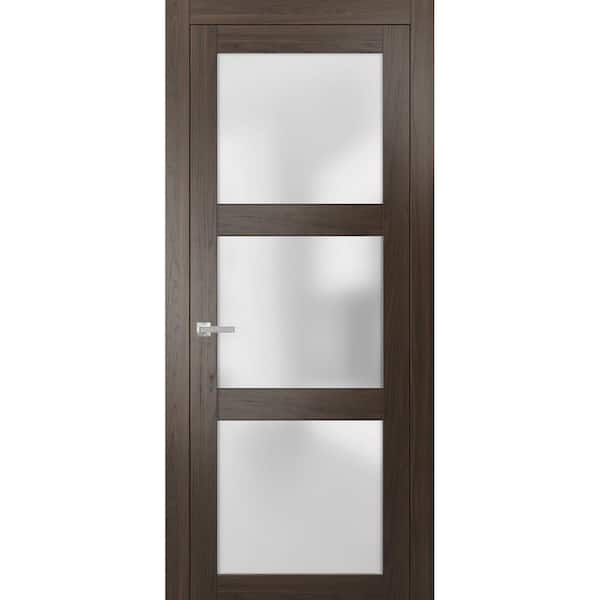 Sartodoors 2552 30 in. x 80 in. Universal Hanling 3 Lite Frosted Glass Solid Brown Finished Pine Wood Single Prehung French Door