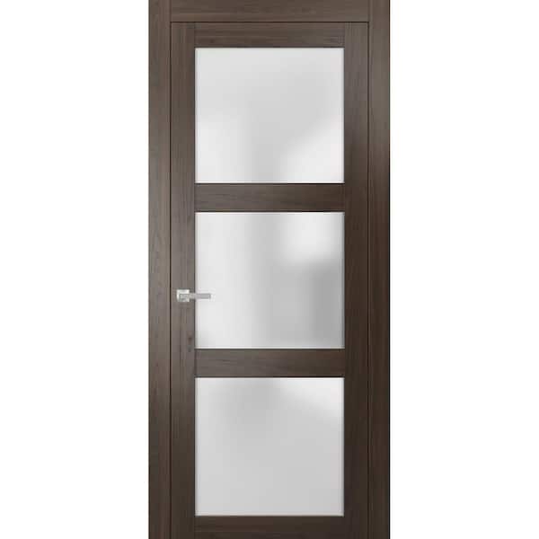 42 in. x 96 in. Universal Hanling 3-Lite Frosted Glass Solid Brown Finished Pine Wood Single Prehung French Door