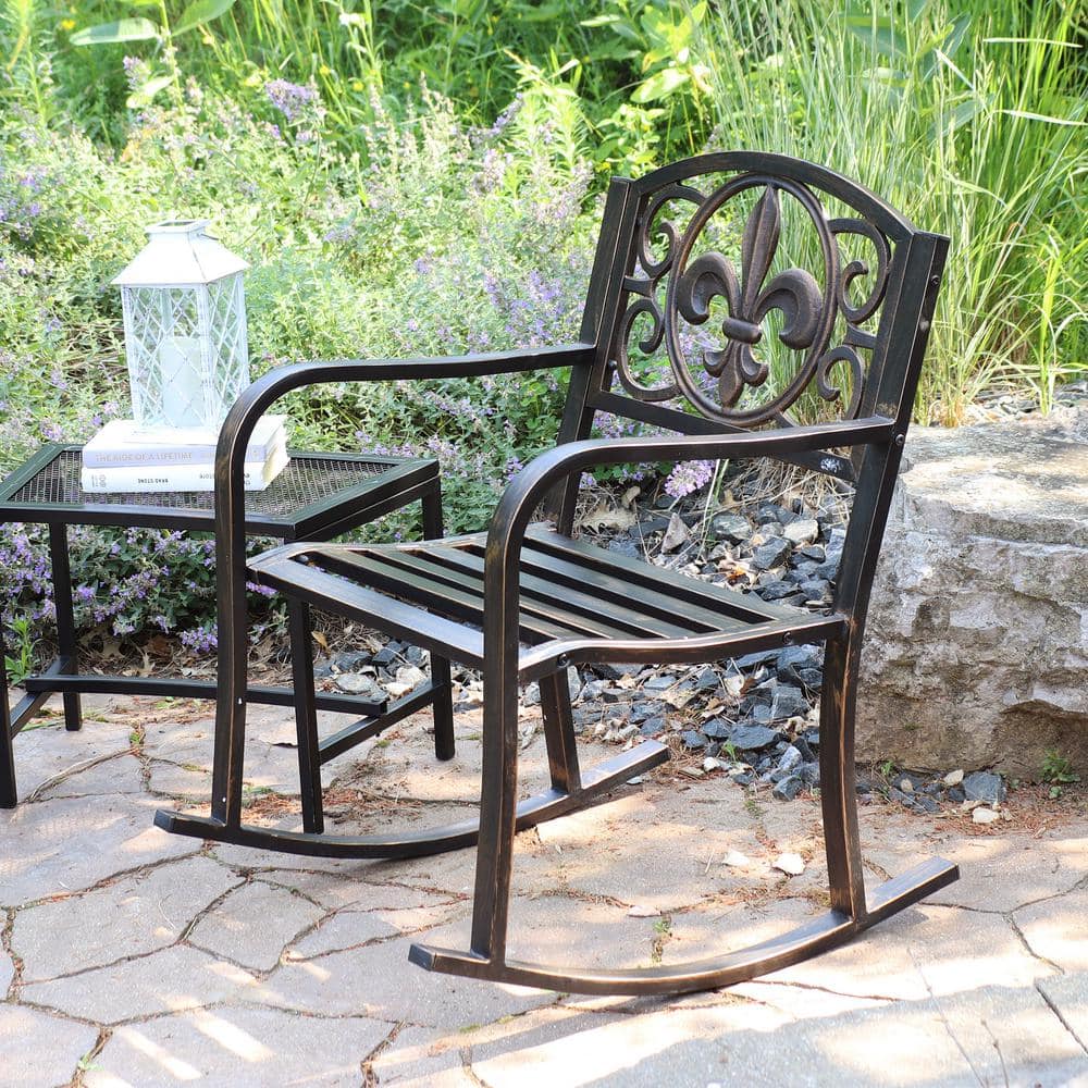 Black Cast Iron and Steel Fleur-de-Lis Outdoor Rocking Chair