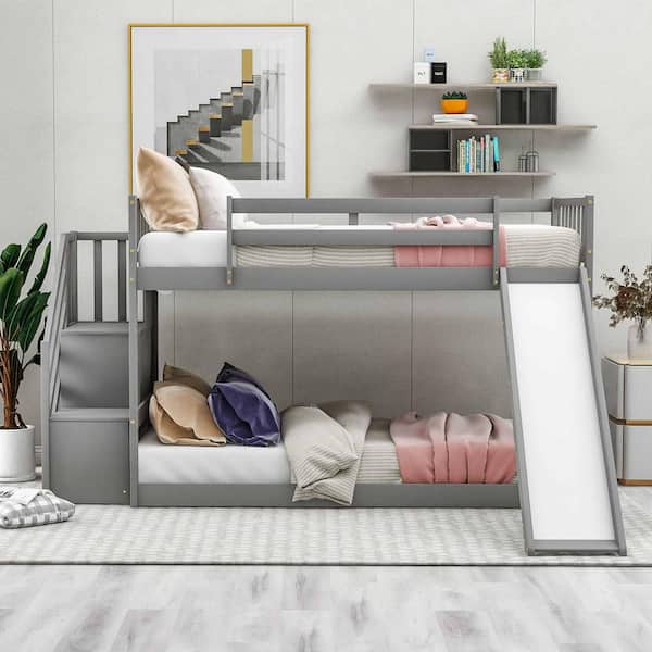 Polibi Gray Twin Over Twin Bunk Bed with Convertible Slide and Stairway