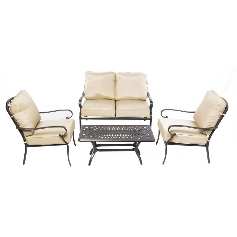 Newbury Beige Cushioned Cast Aluminum 4-Piece Patio Set