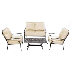 Newbury Beige 4-Piece Metal Cast Aluminum Seating Set with Table, Loveseat, and 2 Lounge Chairs with Tan Cushions