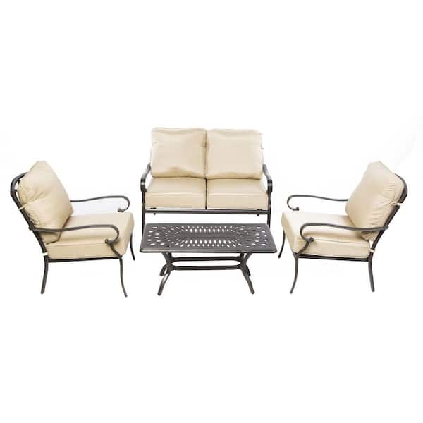 Alfresco Newbury Beige 4-Piece Metal Cast Aluminum Seating Set with Table, Loveseat, and 2 Lounge Chairs with Tan Cushions