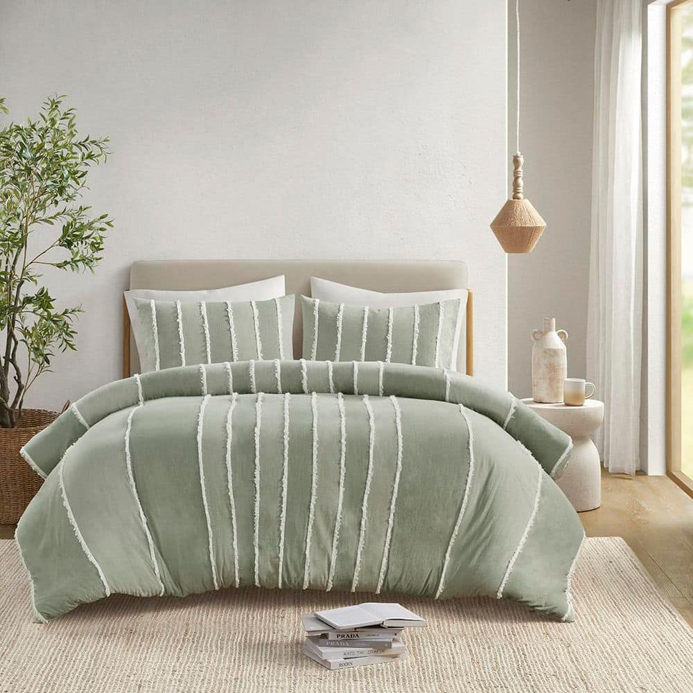 Sage Green Cotton Striped Queen Duvet Cover Set