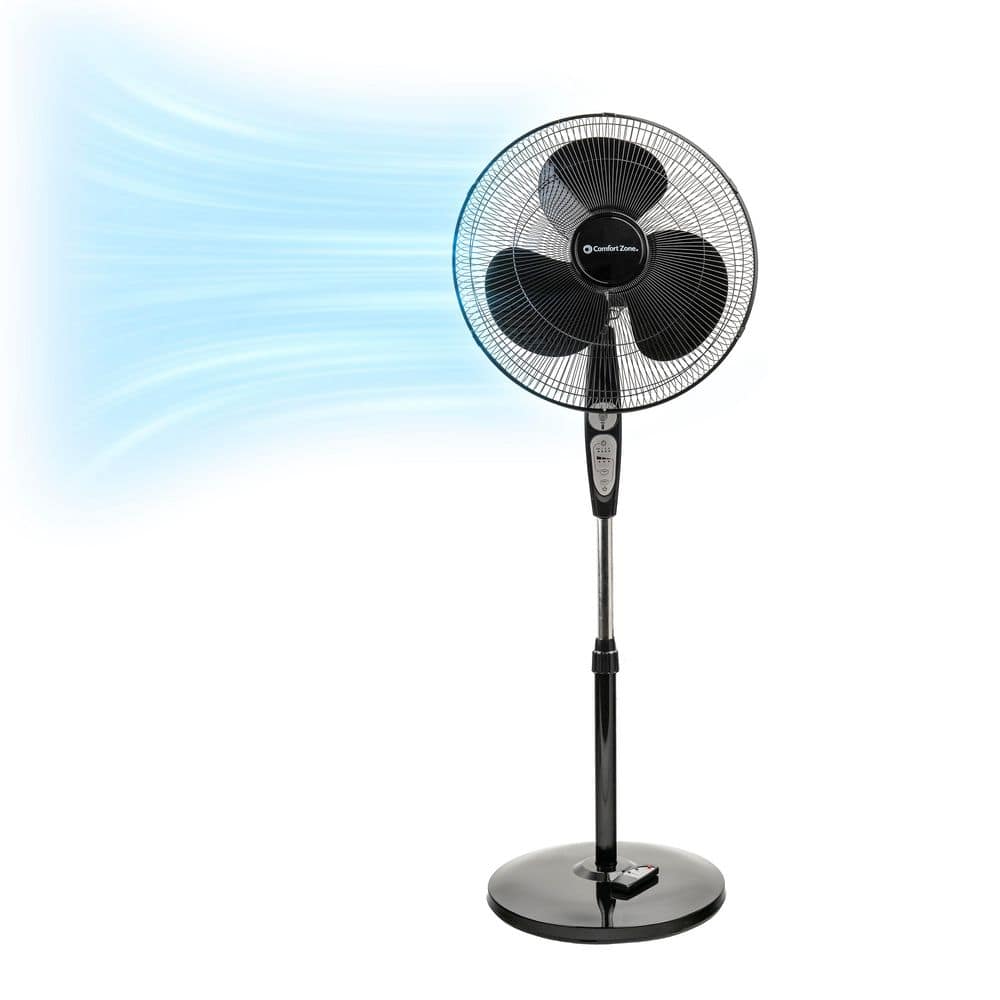 Comfort Zone 18” 3-Speed Oscillating Pedestal Fan with Remote Control  Adjustable Height  Adjustable Tilt  and Built-in Timer for Auto Shutoff  Black