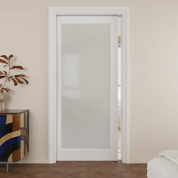 36 in. x 80 in. 1-Lite Frosted Glass White Primed Wood Pocket Door with Pocket Door Hardware Kit (Soft Close Included)