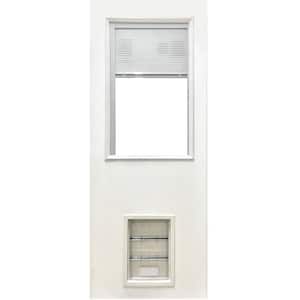 31-3/4 in. x 79 in. Reliant Clear Half Lite Mini-Blind White Primed Fiberglass Front Door Slab with Large Pet Door