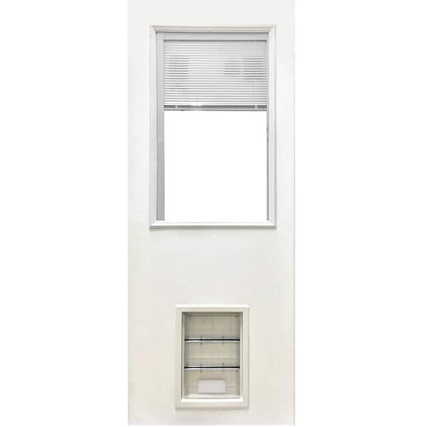 Steves & Sons 31-3/4 in. x 79 in. Reliant Clear Half Lite Mini-Blind White Primed Fiberglass Front Door Slab with Large Pet Door
