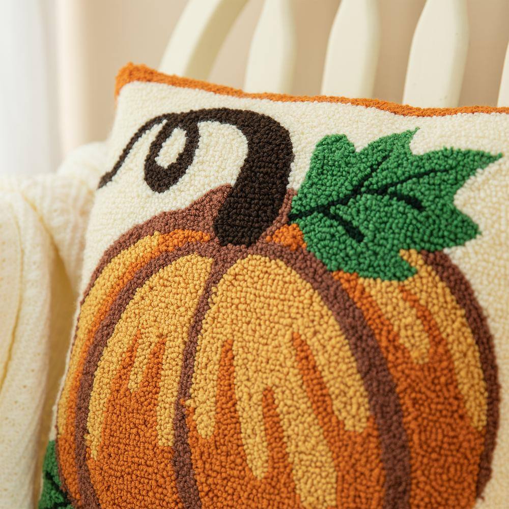 Handmade Hooked Pumpkin Fall Throw Pillow 14" x 14"