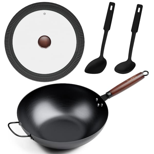 Flat Bottom Carbon Steel Stir Fry Pan with Detachable Handle, Glass Lid, Pre-Seasoned, All Stove Compatible, 1 Piece