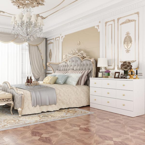 White 9 Drawers 47.2 in. W Wooden Dresser without Mirror, Storage Cabinet, Chest of Drawers, Sideboard