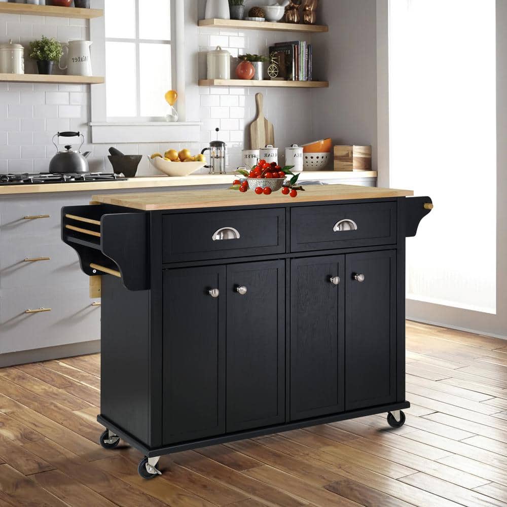 Black Cambridge Natural Wood Top 52 in. W Kitchen Island with Storage (32 i