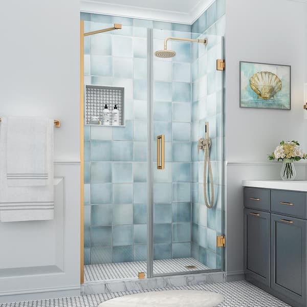 Aston Belmore XL 52.25 - 53.25 in. W x 80 in. H Frameless Hinged Shower Door with Clear StarCast Glass in Brushed Gold