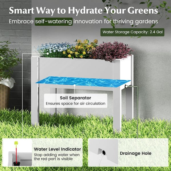 ANGELES HOME 30 in. L x 18 in. W x 24 in. H PP Raised Bed Grow Box Self-Watering Planter Box Stand with Water Level Monitor-White