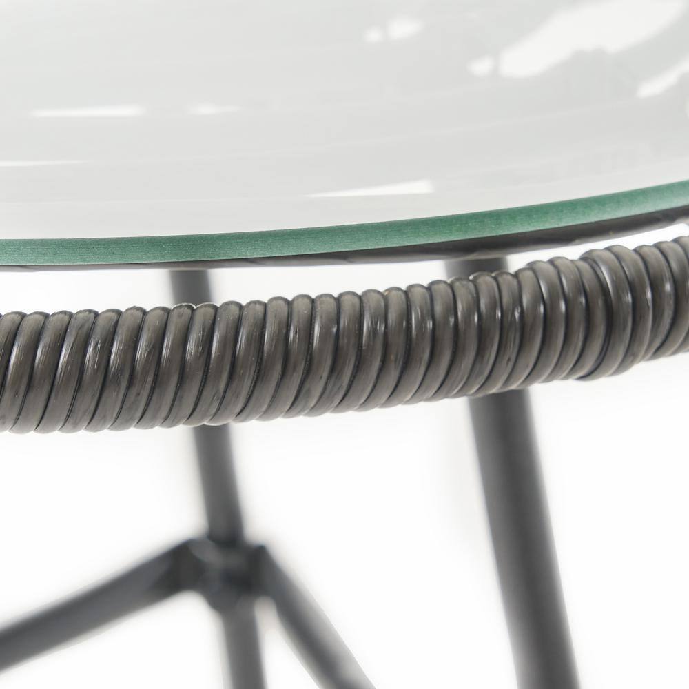 Gray and Black Round Faux Rattan Outdoor Side Table with Tempered Glass Top
