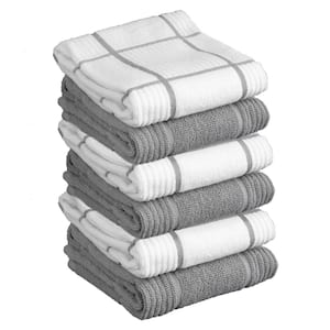 Gray Plaid Solid and Check Parquet Woven Cotton Kitchen Towel Set of 6