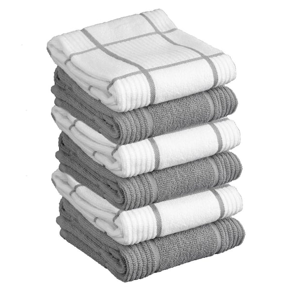 T-fal Gray Plaid Solid and Check Parquet Woven Cotton Kitchen Towel Set of 6