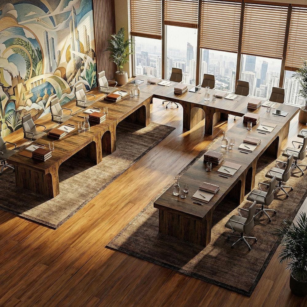Moronia 70.9 in. Rustic Brown Conference Table, Rectangular Computer Desk with Stable Sled Legs for Meeting Room, 6PC