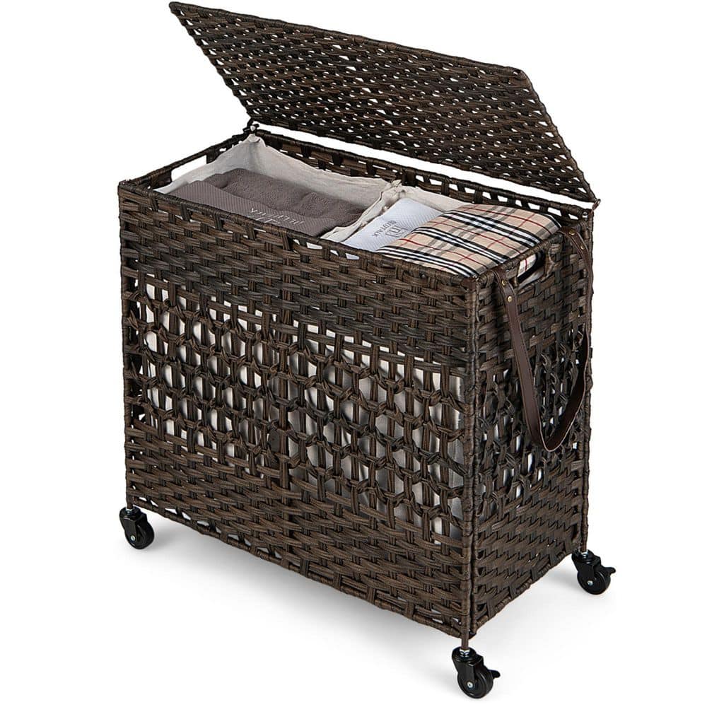 Brown 110L PE Rattan Polypropylene Modern Rectangle 26.5 x 25.5 x 13 2-Section LaundryRoom Hamper 2 Removable Liner Bags price history on PriceWatchPro