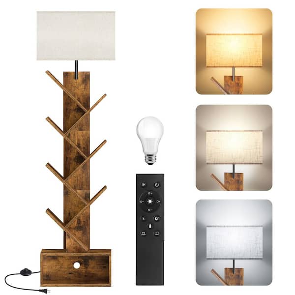 BICIK 56.7 in. Dark Wood Rustic 1-Light Dimmable Standard Floor Lamp with Fabric Rectangular Shade for Living Room