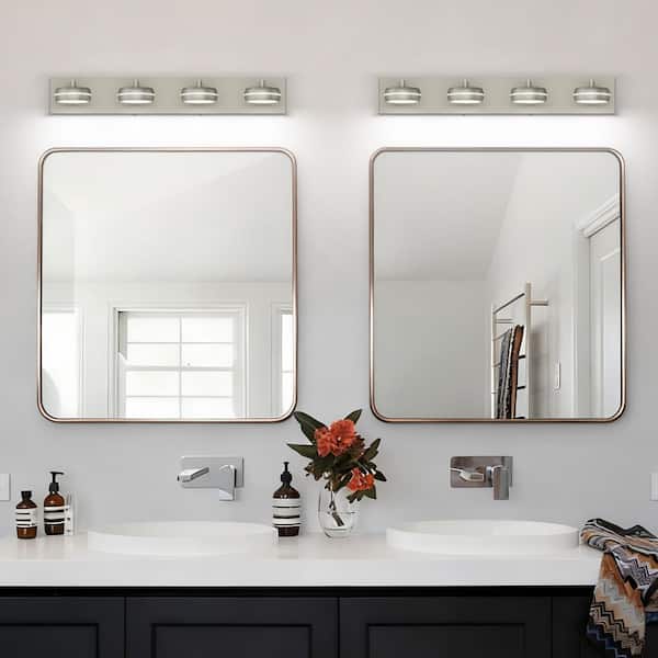 28 in. 4-Light Nickel LED Bathroom Vanity Light with Dimmable 5500K Light